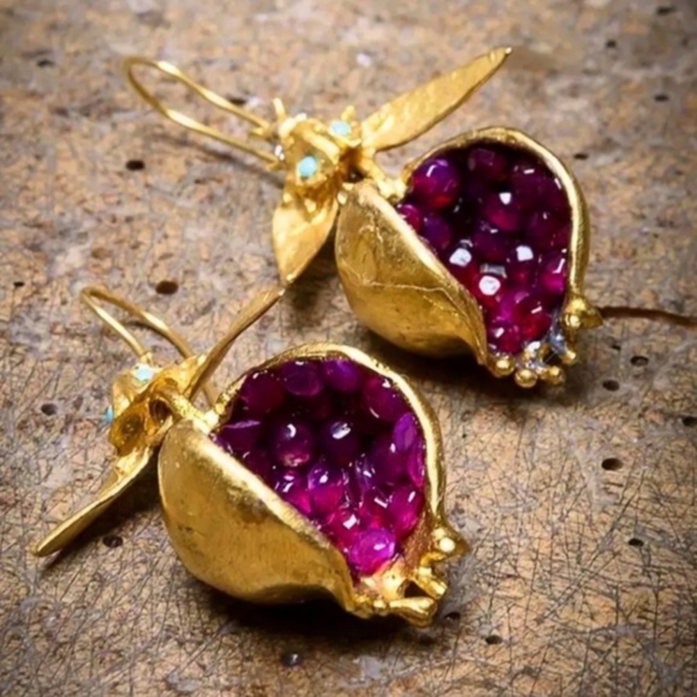 - Jeweled Pomegranate 22k Gold unique Dangle Drop Earrings pomegranite vermeil